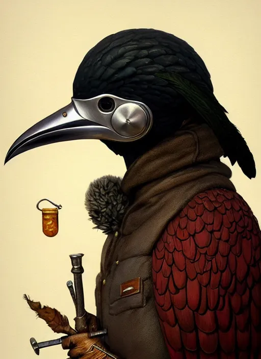 Prompt: rpg! profile! portrait of humanoid bird on white background, fungus, beak, feathers, plague doctor, intricate, highly detailed, digital painting, artstation, concept art, smooth, sharp focus, illustration, art by norman rockwell emiliano ponzi andrey remnev yoann lossel aaron jasinski, 8 k