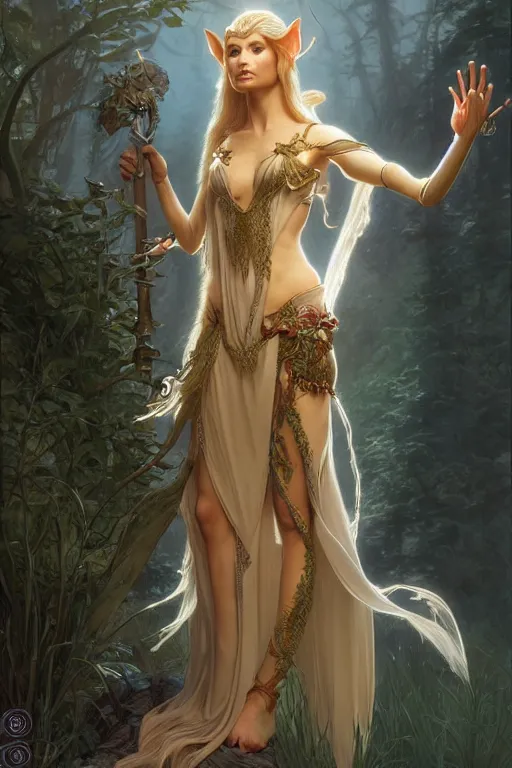 Prompt: beautiful elven princess, accurate anatomy, only two hands, highly detailed, digital painting, artstation, concept art, smooth, sharp focus, illustration, Unreal Engine 5, 8K, art by Michael Whelan and greg rutkowski and alphonse Mucha