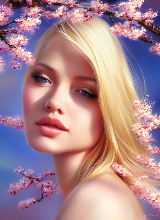 Image similar to photo of a gorgeous blonde female in the style of stefan kostic, realistic, half body shot, sharp focus, 8 k high definition, insanely detailed, intricate, elegant, art by stanley lau and artgerm, extreme blur cherry blossoms background