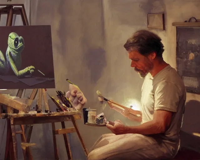 Image similar to an exhausted painter in his studio painting a picture of pepe the frog - key lighting, soft lights, foggy, by steve hanks, by lisa yuskavage, by serov valentin, by tarkovsky, 8 k render, detailed, oil on canvas