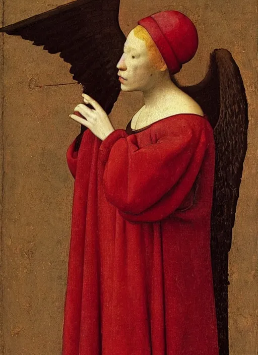 Image similar to Profile of Fallen Angel dressed in red, Medieval painting by Jan van Eyck, Johannes Vermeer, Florence