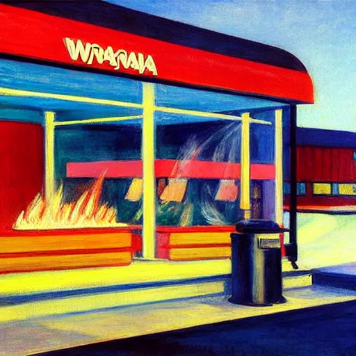 Prompt: wawa on fire, edward hopper painting