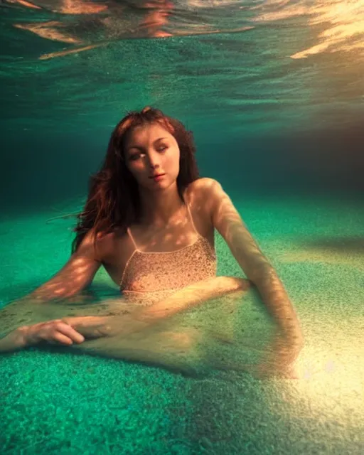 Image similar to a portrait photo of a beautiful young woman floating underwater with reflections, serene and beautiful, dark background, single top lighting