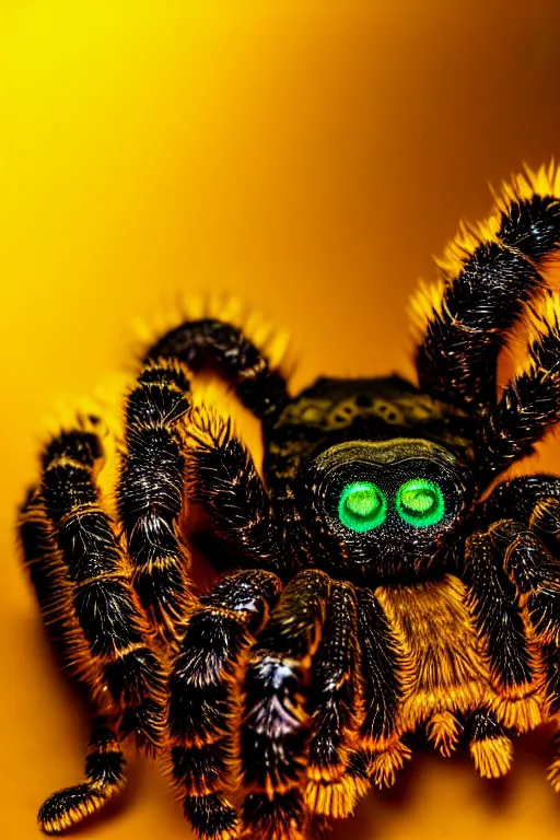 Prompt: high quality close-up photo gothic pearlescent tarantula! jewelled gorgeous! highly detailed david ligare elson peter cinematic yellow neon lighting high quality low angle hd 8k sharp shallow depth of field