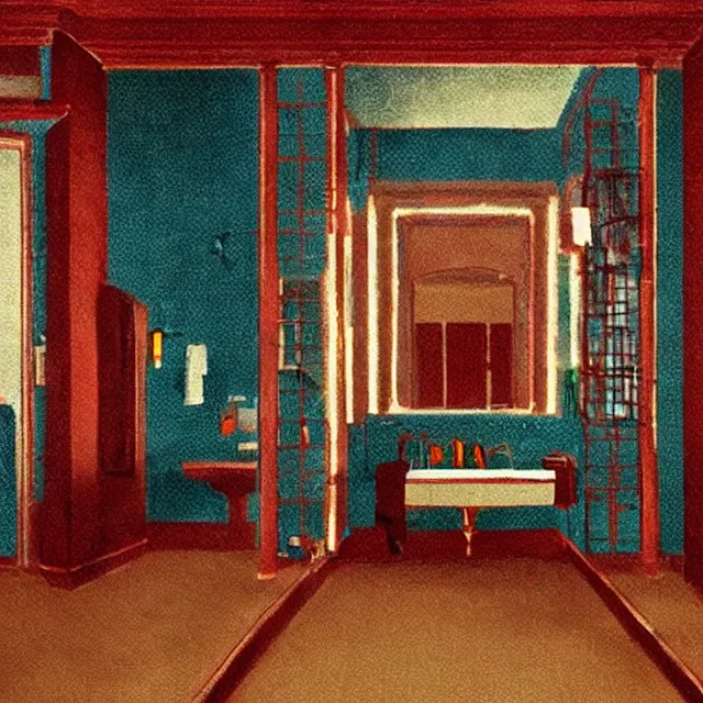 Prompt: the bathroom from the movie the shining, extremely detailed digital video, very colorful, trending artstation concept art sharp focus, cartoon style