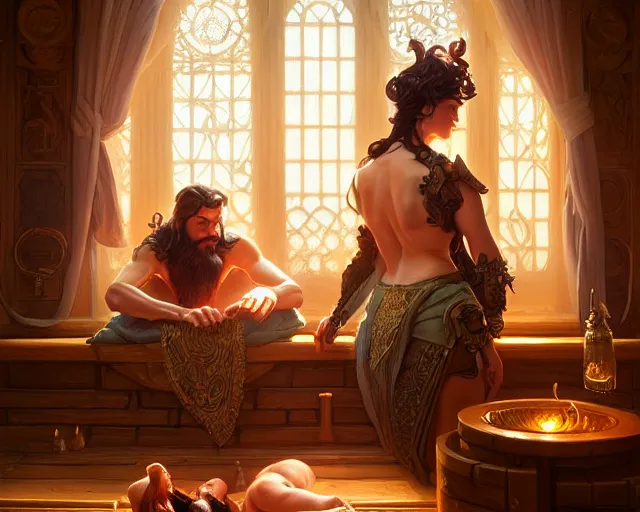 Image similar to two people in sauna, deep focus,, fantasy, intricate, elegant, highly detailed, digital painting, artstation, concept art, matte, sharp focus, illustration, hearthstone, art by artgerm and greg rutkowski and alphonse mucha