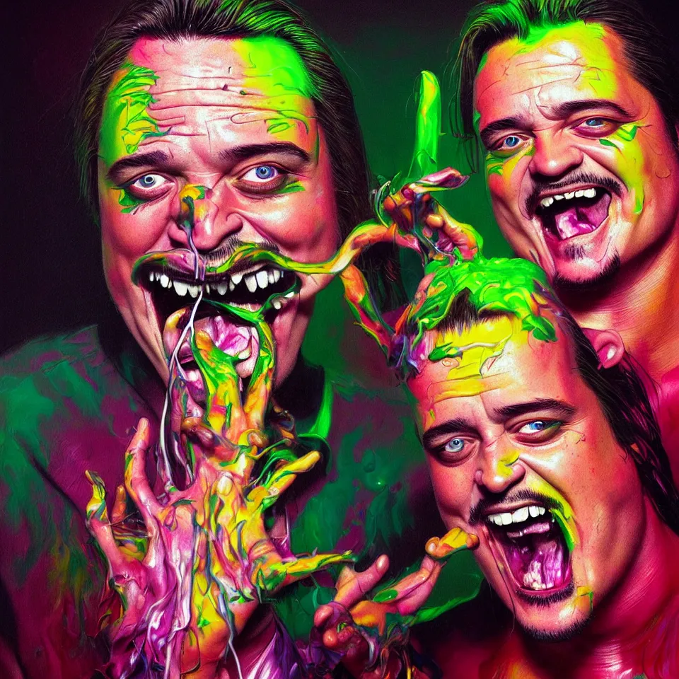 Prompt: bright psychedelic mike patton eating rotten flesh, smiling and puking, diffuse lighting, fantasy, intricate, elegant, highly detailed, lifelike, photorealistic, digital painting, artstation, illustration, concept art, smooth, sharp focus, art by francis bacon