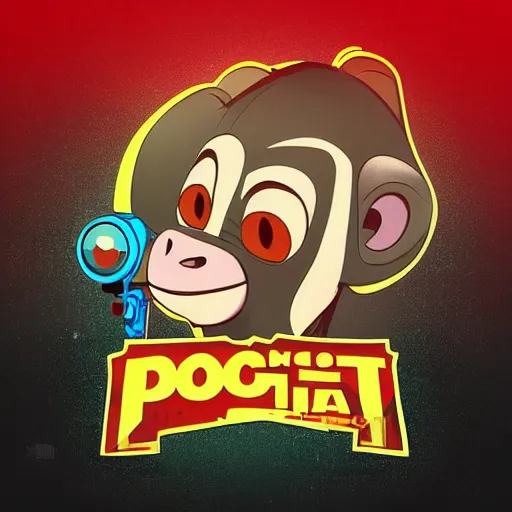 Image similar to “ logo and portrait of a monkey in the style of zootopia holding laser gun, with a black background, digital art, award winning, trending on art station, retro style ”