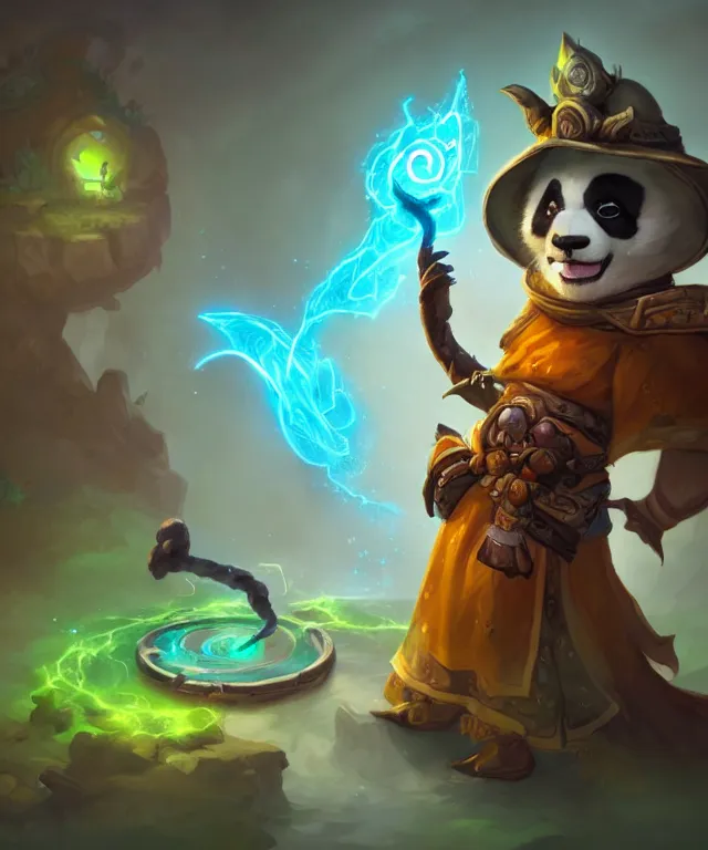 Image similar to a portrait an anthropomorphic panda mage casting a spell, wearing mage robes, landscape in background, cute, dnd character art portrait, by world of warcraft and peter mohrbacher, cinematic lighting