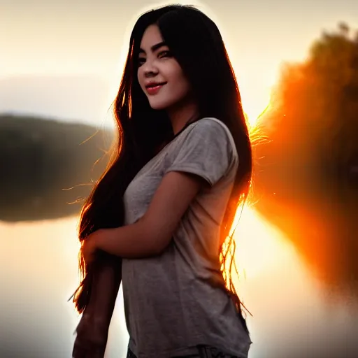 Image similar to real life photo of a beautiful girl, full body photoshoot, long black hair, full round face, short smile, brown shirt, lake setting, cinematic lightning, medium shot, mid - shot, highly detailed, trending on artstation, unreal engine 4 k, 8 0 mm, 8 5 mm, cinematic wallpaper