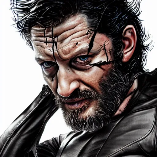 Image similar to Tom Hardy as wolverine in Black Damaged leather suit Digital art 4K quality