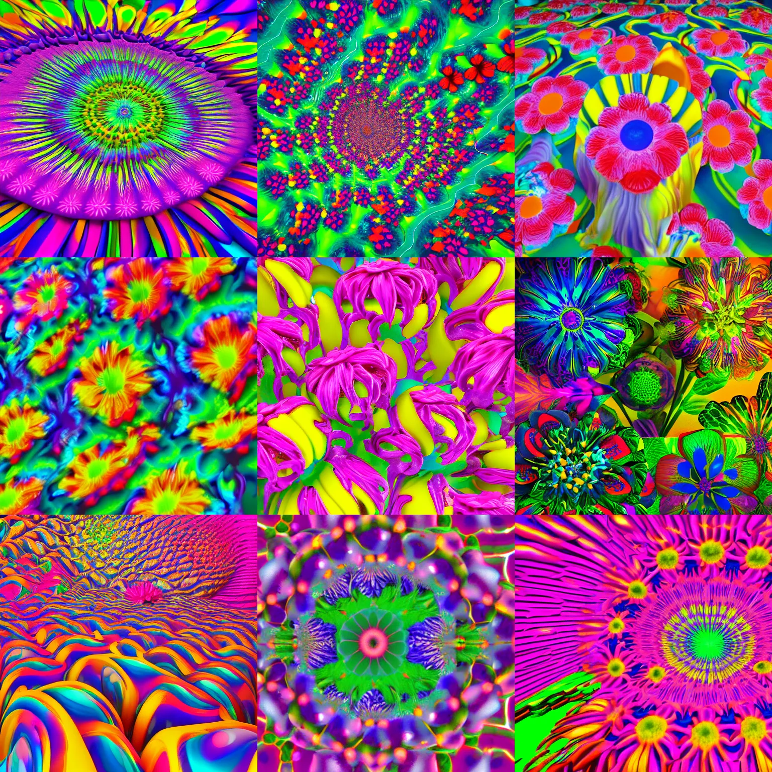 Prompt: psychodelic colorful CGI flowers, flume, artwork by Jonathan Zawada