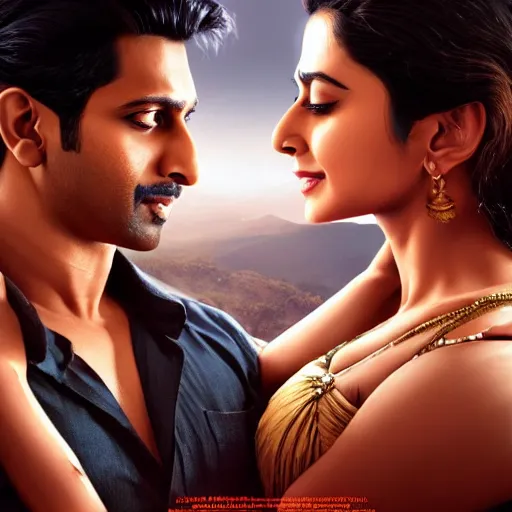 Prompt: perfectly centered bollywood movie promotional poster of anatomically correct hero and heroine glamourous romantic pose, faces symmetrical ; real life portrait, ultra realistic, high coherence, intricate, hdr, highly detailed, photorealistic, octane render, 8 k, unreal engine ; art by artgerm, greg rutkowski, charlie bowater