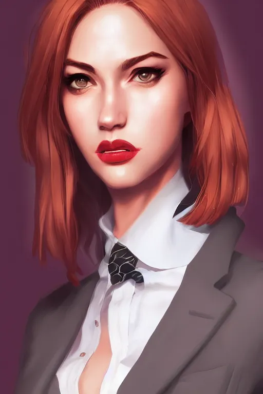 Image similar to a digital painting of a woman in a suit, a character portrait by artgerm, trending on artstation, fantasy art, ilya kuvshinov, artstation hd, artstation hq