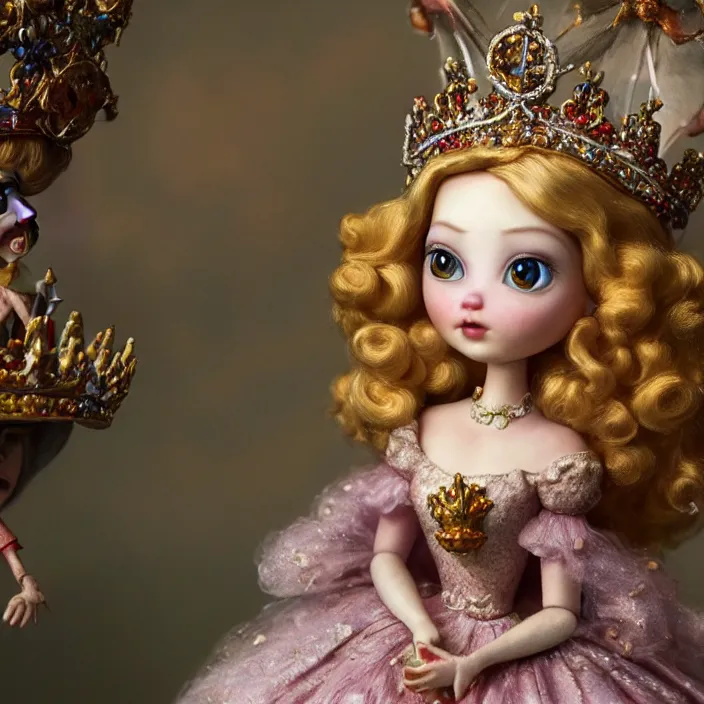 Image similar to highly detailed closeup, portrait of a tin toy fairytale princess wearing a crown, unreal engine, nicoletta ceccoli, mark ryden, earl norem, lostfish, global illumination, detailed and intricate environment