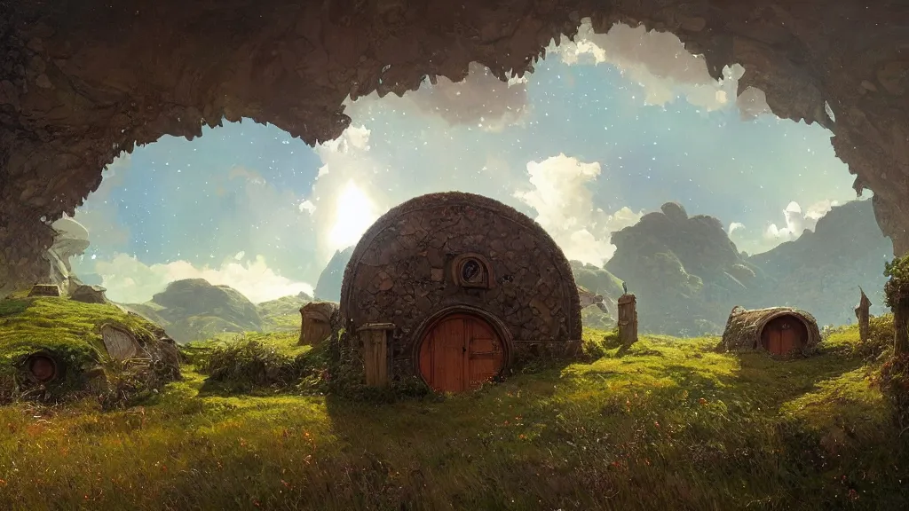 Image similar to a beautiful painting of hills in the shire with round hobbit doors and windows, at night with a sky full of stars, intricate, elegant, highly detailed, digital painting, artstation, concept art, by krenz cushart and artem demura and alphonse mucha