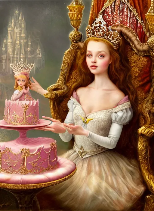 Image similar to highly detailed closeup, straight fingers, portrait of a fairytale medieval princess wearing a crown and sitting on a throne eating cakes, unreal engine, nicoletta ceccoli, mark ryden, earl norem, lostfish, global illumination, god rays, detailed and intricate environment