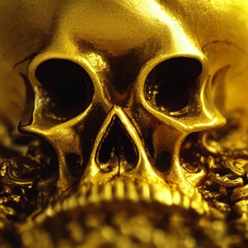 Image similar to a skull made of solid gold sits on an abandoned gravestone, beautiful detailed intricate insanely detailed octane render, 8k artistic photography, photorealistic, chiaroscuro