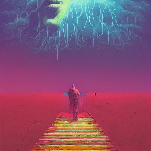 Image similar to figurative Malcom X portrait inspired in beksinski and dan mumford work, remixed with Simon Stalenhag work, sitting on the cosmic cloudscape, epic color palette, blue neon rain, cinematic shoot