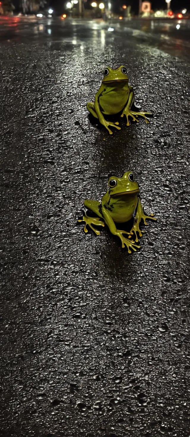 Prompt: photo, night, rain, modern street, lights, close up the wet frog on the wet road, background for phone