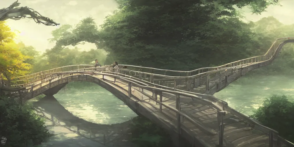 Prompt: a footbridge, cinematic angle, studio Ghibli, cinematic lighting, digital art, detailed oil painting, hyperrealistic, 8k