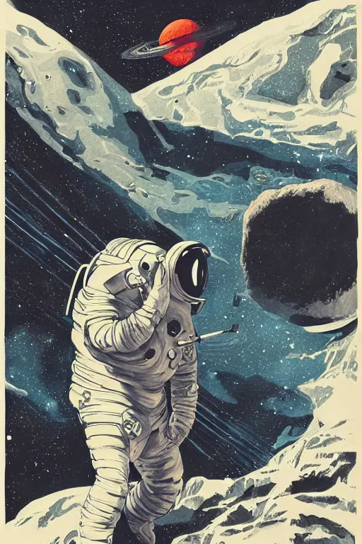 Image similar to dark retro illustration 1 9 6 7 science fiction, doomed astronaut on saturn's moon, gouache and ink, art sussman, mohrbacher, retro futurism