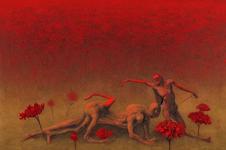 Image similar to only with red, red flowers of different types, a red tiger, a castle in the background, medieval demons dance over the flowers, an ancient path, in the style of beksinski, part by hopper, part by rodcenko, part by hofbauer, intricate composition, red by caravaggio, insanely quality, highly detailed, masterpiece, red light, artstation