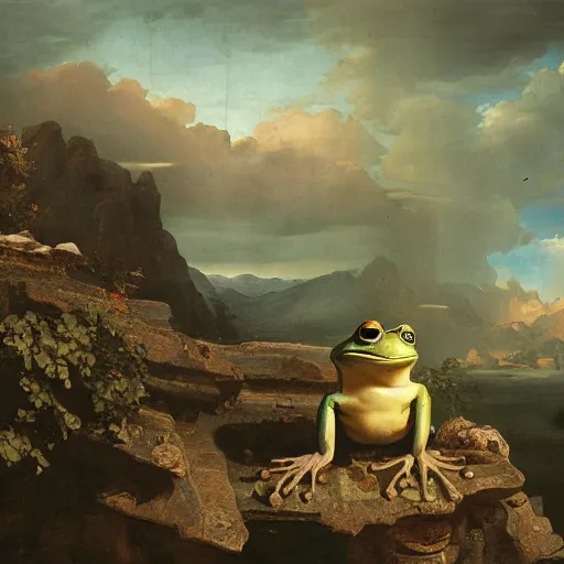 Image similar to a Happy frog by Ansel Adams and Bernardo Bellotto, oil on canvas, artstation, dramatic scenery, masterpiece, aesthetic