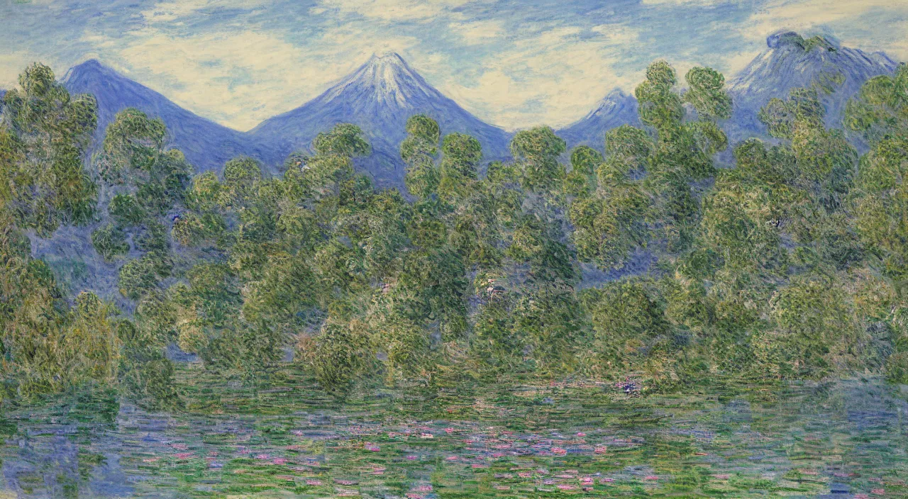 Image similar to a painting of a Japanese castle, with a garden as foreground, with mountains as background, by Claude Monet