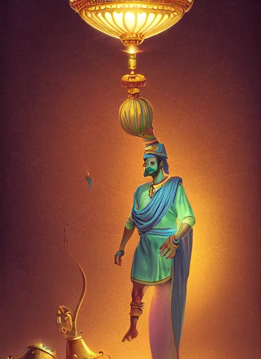 Image similar to genie coming out of his lamp in the middle of a palace . by AquaSixio, hyperrealistic illustration, digital art, 4k, very detailed faces