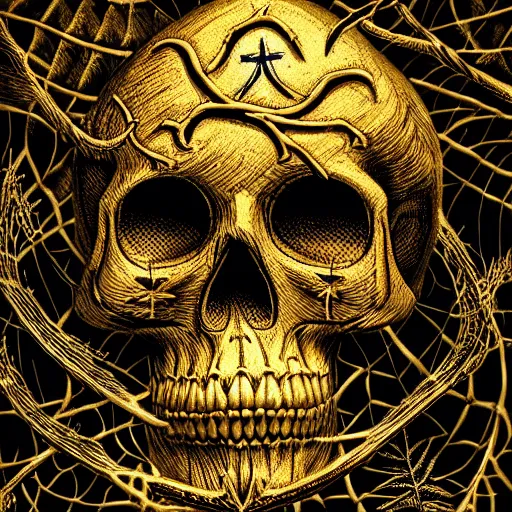 Prompt: chiaroscuro Still life photo of ray of light shining on golden skull completely etched with detailed and intricate ancient rune symbols, and overtaken by plant ivy filigree, in a Vast jungle background, by ayami kojima