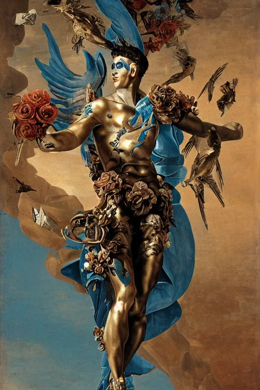 Image similar to a young handsome Spanish metal android with a large glowing battery in the center of his chest in a full-body bronze cyberpunk style statue of Icarus with glowing blue eyes, crown of peach roses, flowing teal-colored silk, fabric, flowers. baroque elements, human skull. full-length view. baroque element. intricate artwork by caravaggio. many many birds birds on background. Trending on artstation, octane render, cinematic lighting from the right, hyper realism, octane render, 8k, depth of field, 3D