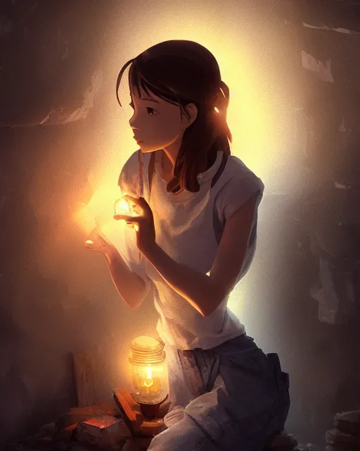 Image similar to a beautiful coalminer woman in a mine lit by a lamp, ambient cave lighting, detailed face, by makoto shinkai, stanley artgerm lau, wlop, rossdraws