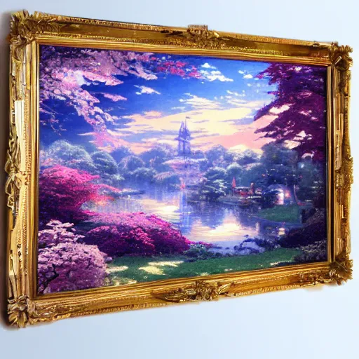 Prompt: anime landscape by thomas kinkade and studio ghibli of sakura trees with a celestial lake, watercolor painting, rococo