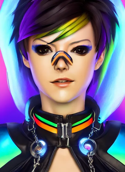 Image similar to portrait bust digital artwork of tracer overwatch, wearing iridescent rainbow latex and leather straps catsuit outfit, 4 k, expressive happy smug expression, makeup, in style of mark arian, angel wings, wearing detailed leather collar, chains, black leather harness, detailed face and eyes,