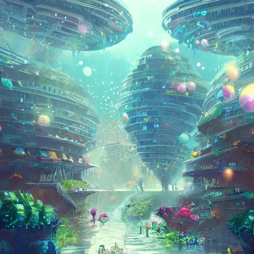 Image similar to a utopian city, filled with fauna, with bubbles floating around everywhere, dynamic lighting, fantasy concept art, trending on art station, stunning visuals, creative, cinematic, ultra detailed
