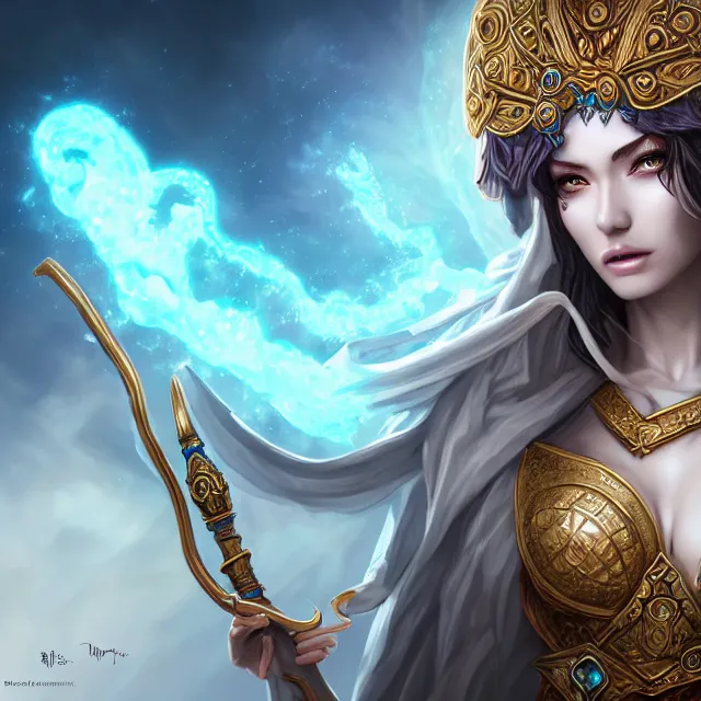 Image similar to beautiful elemental sky witch with ornate robes and staff, highly detailed, 4 k, hdr, smooth, sharp focus, high resolution, award - winning photo, artgerm, photorealistic