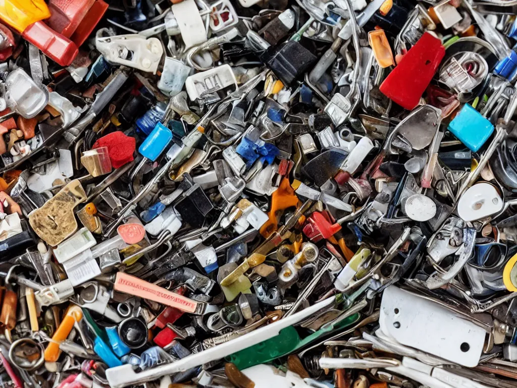 Prompt: closeup detailed photograph, the average households junk drawer