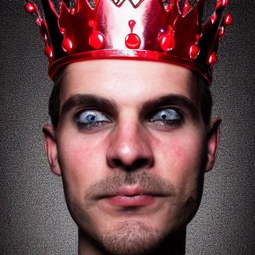 Image similar to man with a crown, smirk, photograph, black backgrounds, glowing red eyes, dark, horror