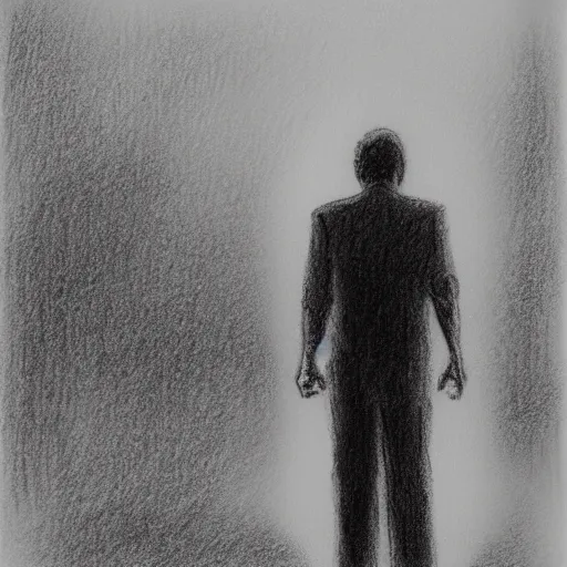 Image similar to a drawn man standing in the rain. pencil sketch.