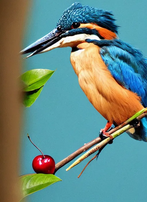 Image similar to a kingfisher sitting on a cherry playing the flute