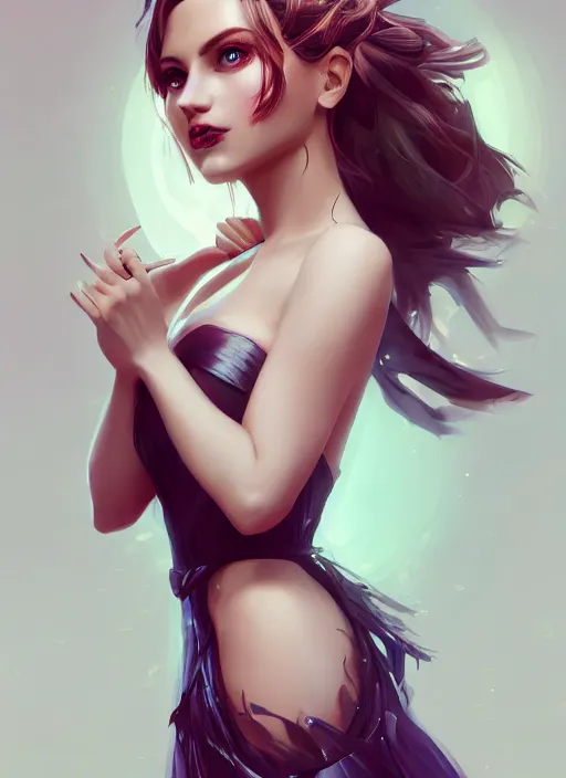 Image similar to beautiful fashion goddness, strapless dress, character portrait in the style of thomas river and artgerm, wlop, cinematic lighting, hyperdetailed, 8 k realistic, symmetrical, global illumination, radiant light, halo, love and mercy, frostbite 3 engine, cryengine, dof, trending on artstation, digital art, chanel