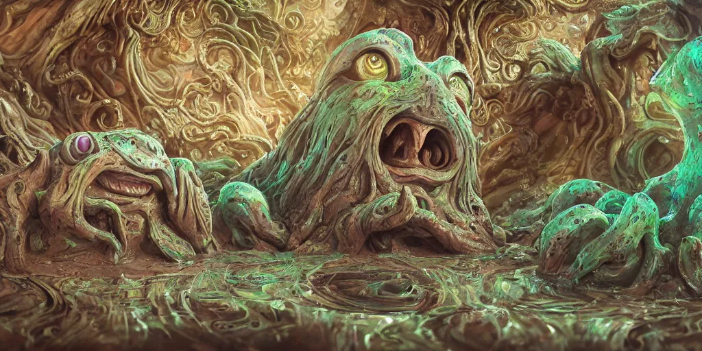 Image similar to of an intricate muddy water with strange cute friendly happy creatures with huge eyes, long tongue, round teeth and goofy funny face, appearing from the background, in the style of gehry and gaudi, macro lens, shallow depth of field, ultra detailed, digital painting, trending artstation, concept art, illustration, cinematic lighting, photorealism, epic, octane render