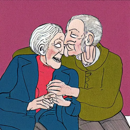 Prompt: an older couple talking to each other drawn by by raymond briggs