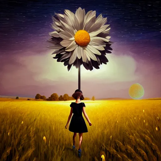 Image similar to giant daisy flower as a head, girl walking in wheat field, hills, surreal photography, moon light, dark night, star trails, dramatic light, impressionist painting, clouds, digital painting, artstation, simon stalenhag