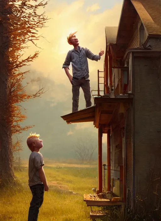 Prompt: highly detailed hyperrealistic painting of a short hillbilly with long blonde hair standing in front of his porch yelling at his friend, bonfire, stephen bliss, art by greg rutkowski, loish, rhads, ferdinand knab, makoto shinkai and lois van baarle, tom bagshaw, photo, portrait, global illumination, artstation