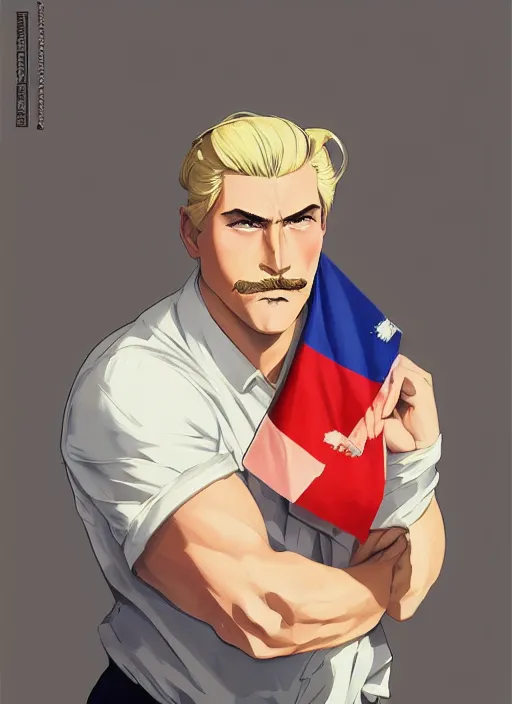 Prompt: massive blond athlete with mustache, he french flag printed on a white shirt, art by studio ghibli and j. c. leyendecker and greg rutkowski and artgerm and ilya kuvshinov, portrait, d & d, fantasy, highly detailed, digital painting, headshot, trending on artstation, concept art, sharp focus, illustration