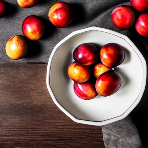 Image similar to photo of a thick porcelain bowl filled with a few moist freshly picked plums on a wooden table. volumetric lighting. 4 k. small scale. realistic. top down.