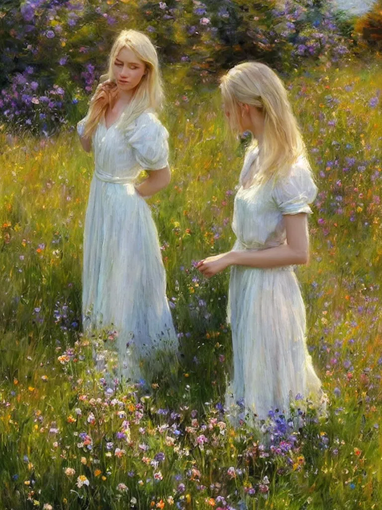 Image similar to blonde woman, dress, swedish countryside, archipelago, morning, masterpiece, highly detailed, beautiful, atmospheric, impressionism, painting by Vladimir Volegov