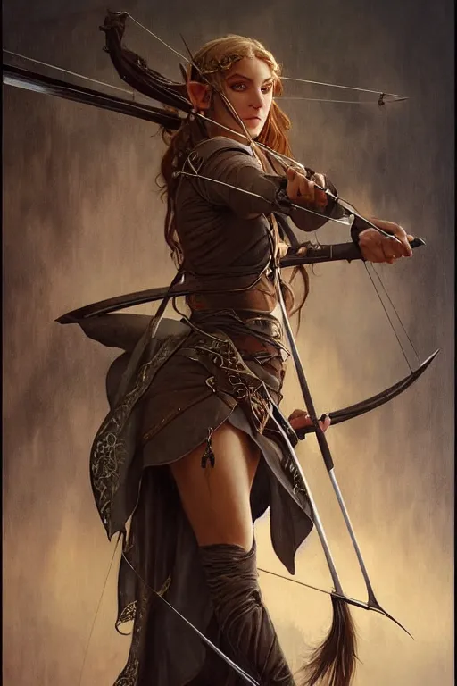 Image similar to portrait of a elven archer, dark, piercing eyes, gentle expression, elegant clothing, photorealistic, highly detailed, artstation, smooth, sharp focus, art by michael whelan, artgerm, greg rutkowski and alphonse mucha